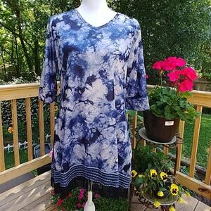 Indigo Soul Tunic Tassles Fringe Blue/White Large Blouse Top
